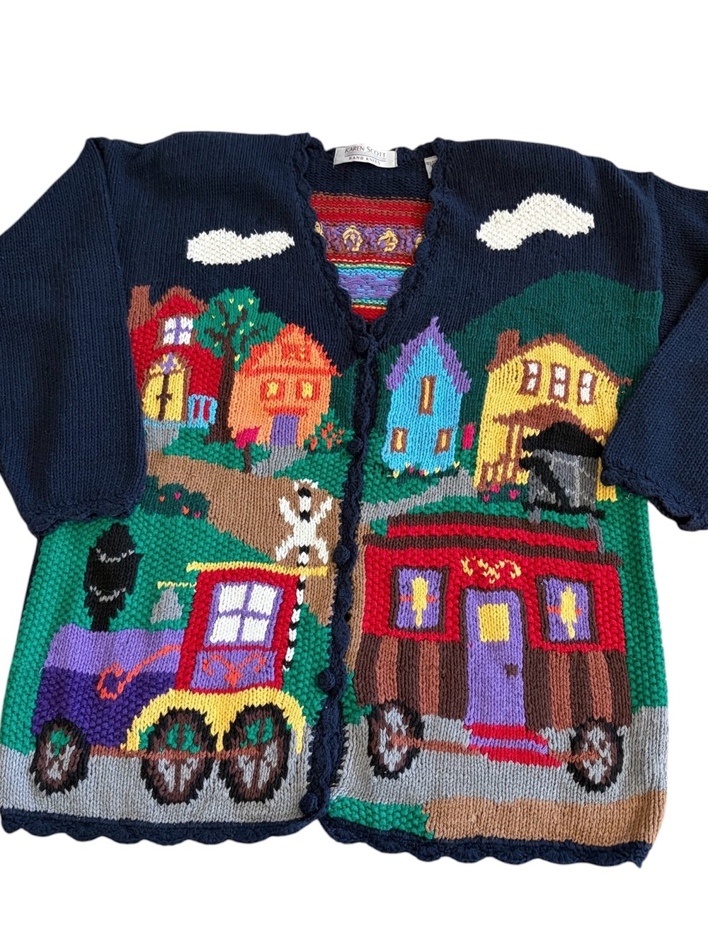 Karen Scott Hand Knit Village Cardigan Cottage Scene Novelty Sweater Sz L